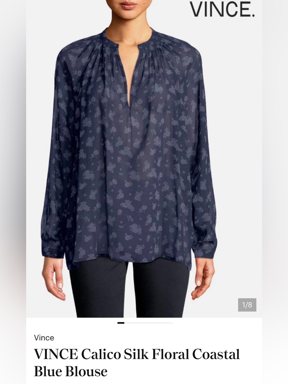 Vince 100% Silk Navy Blue Floral Split-Neck Blouse Sz XS NEW